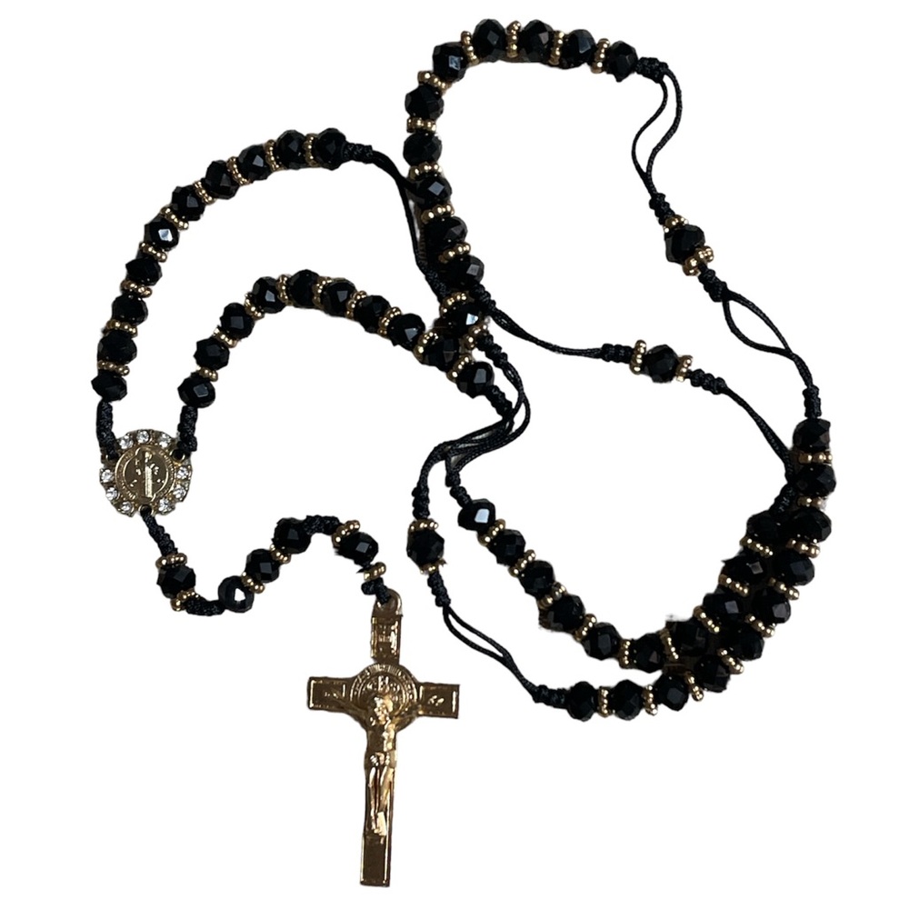 Elegant Black and Gold Beaded Rosary Necklace